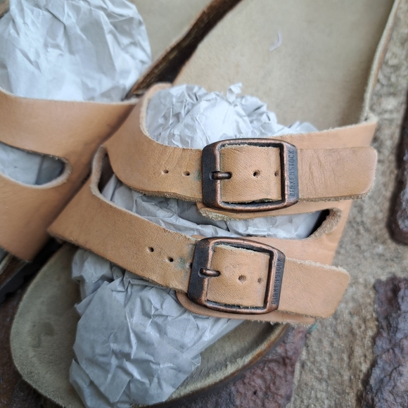 Birkenstock Tan Leather Sandals Size 41 Unisex Clean Footbed *READ* - Picture 3 of 16